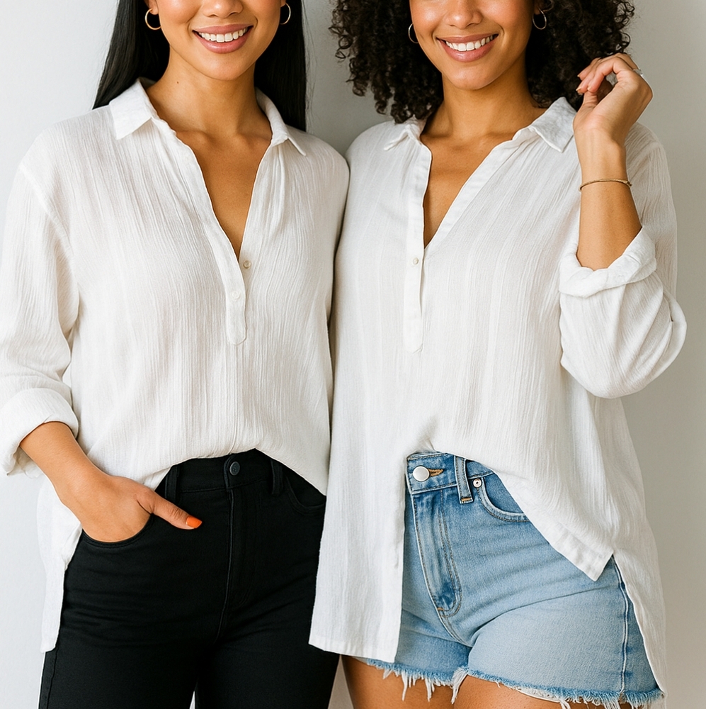 Islander White Textured Blouse – 100% Cotton, 3/4 Sleeves, Size Large
